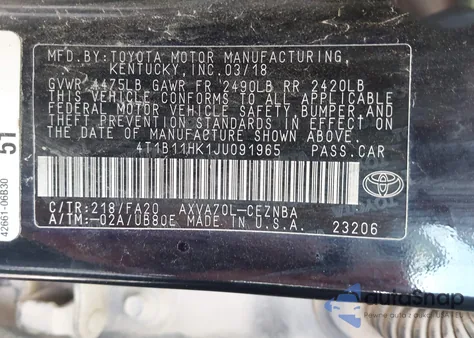 2018 Toyota Camry Le z USA, uszkodzony, nr VIN 4T1B11HK1JU091965